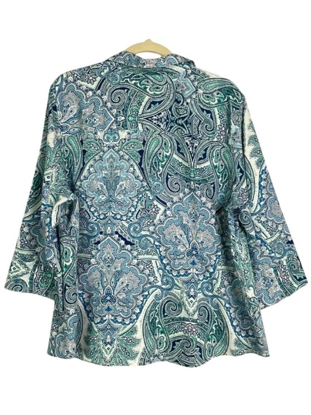 Chico's No-Iron Cotton Paisley Shirt Blue Green 3/4 Sleeve Size 4/20 - Picture 5 of 11